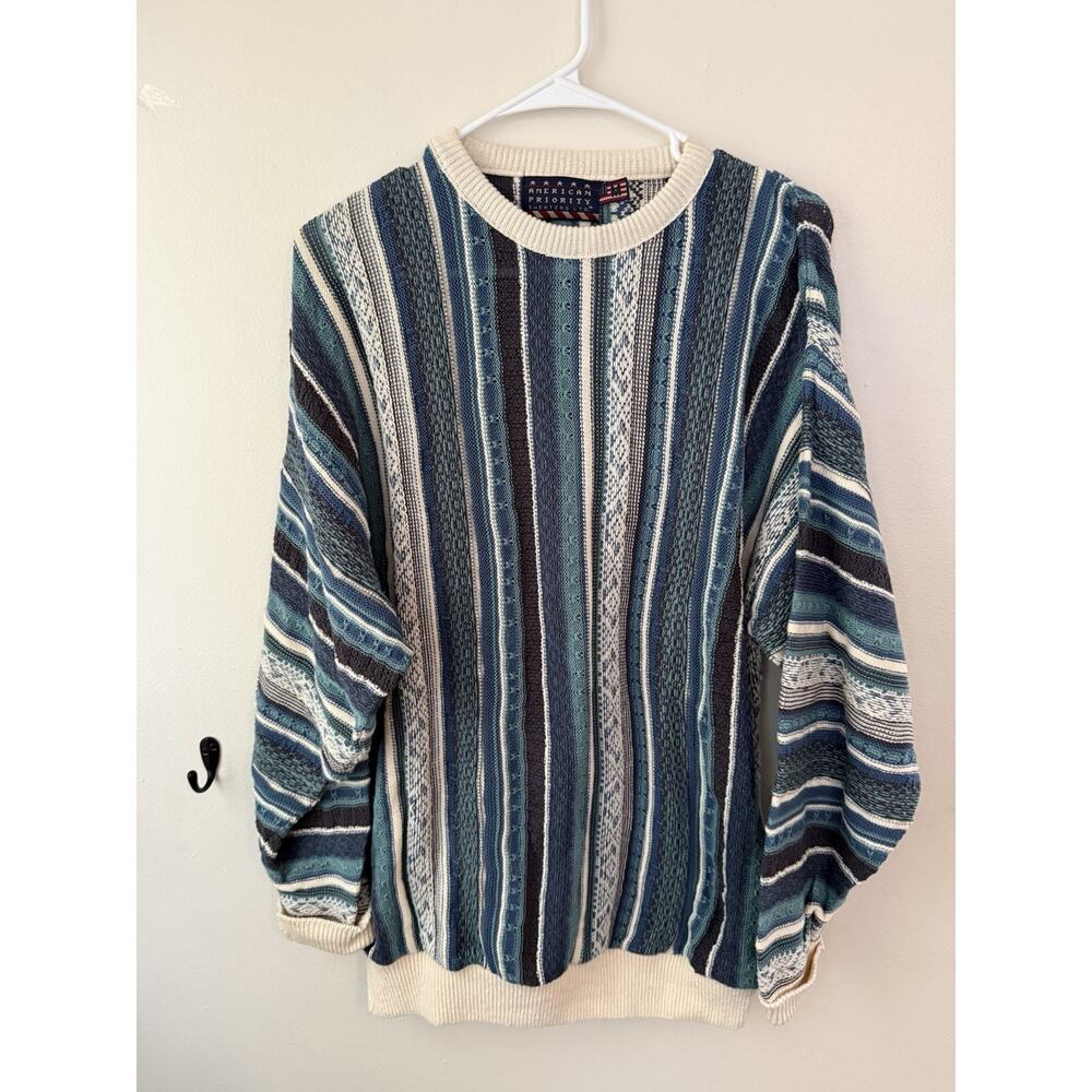 Vintage American Priority Coogi Style Knit Sweater Blue Teal 90s Mens